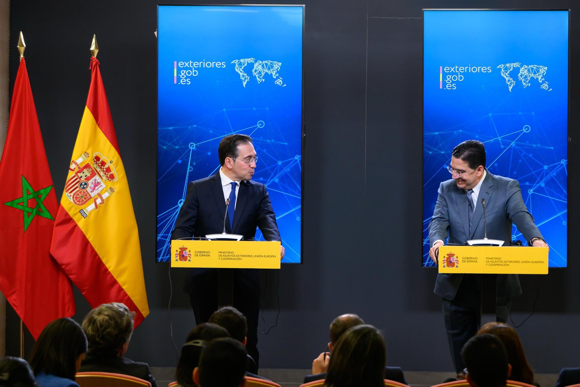Rueda de prensa tras la reunión bilateral entre los ministros de Exteriores de España y Marruecos, José Manuel Albares y Naser Burita.